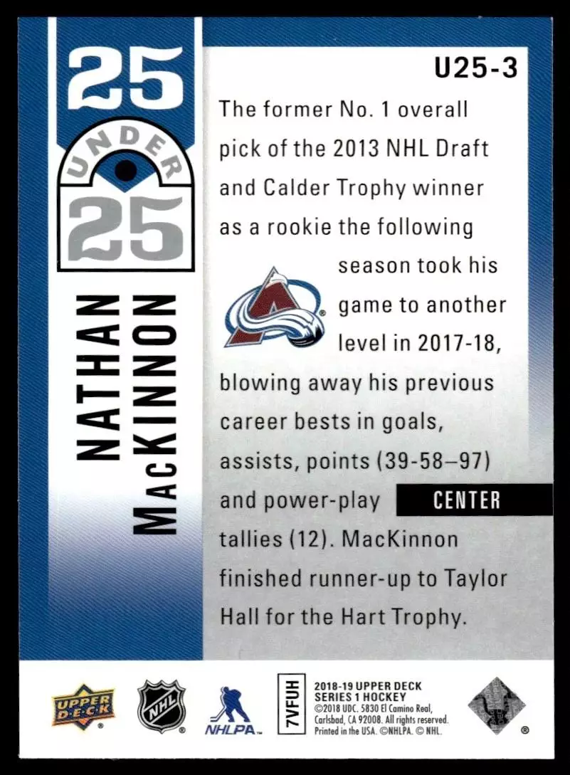 2018-19 Upper Deck 25 Under 25 #U253 Nathan MacKinnon 1