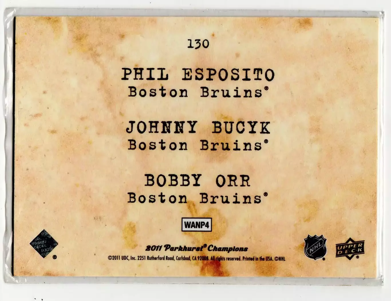 2011-12 Parkhurst Champions #130 Phil Esposito/Johnny Bucyk/Bobby Orr WIRE 1