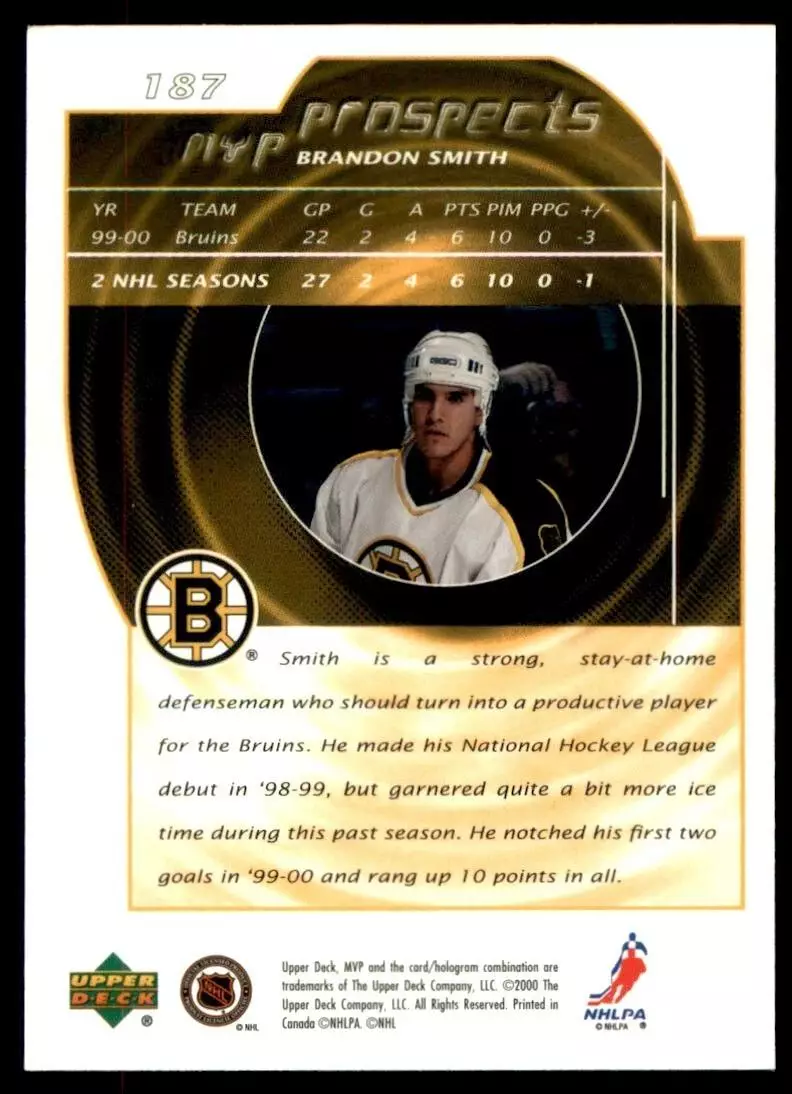 2000-01 Upper Deck MVP #187 Brandon Smith RC 1