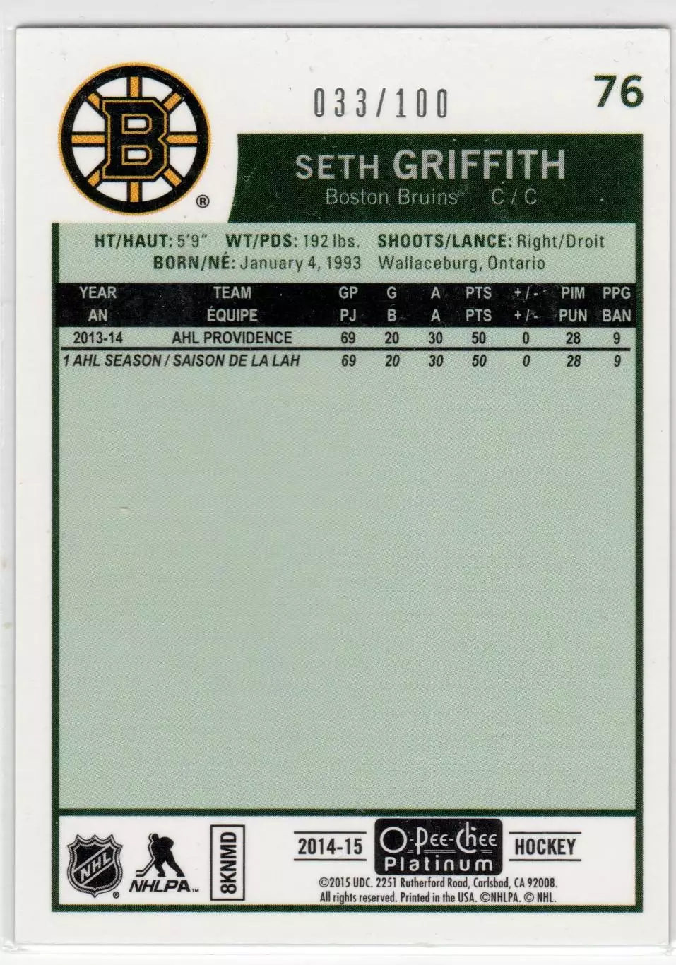 2014-15 O-Pee-Chee Platinum Retro Rainbow Black #76 Seth Griffith 033\100 1