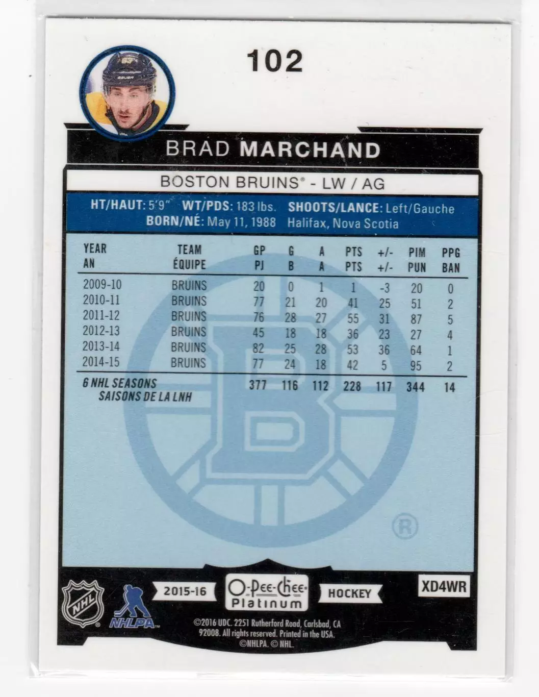 2015-16 O-Pee-Chee Platinum #102 Brad Marchand 1