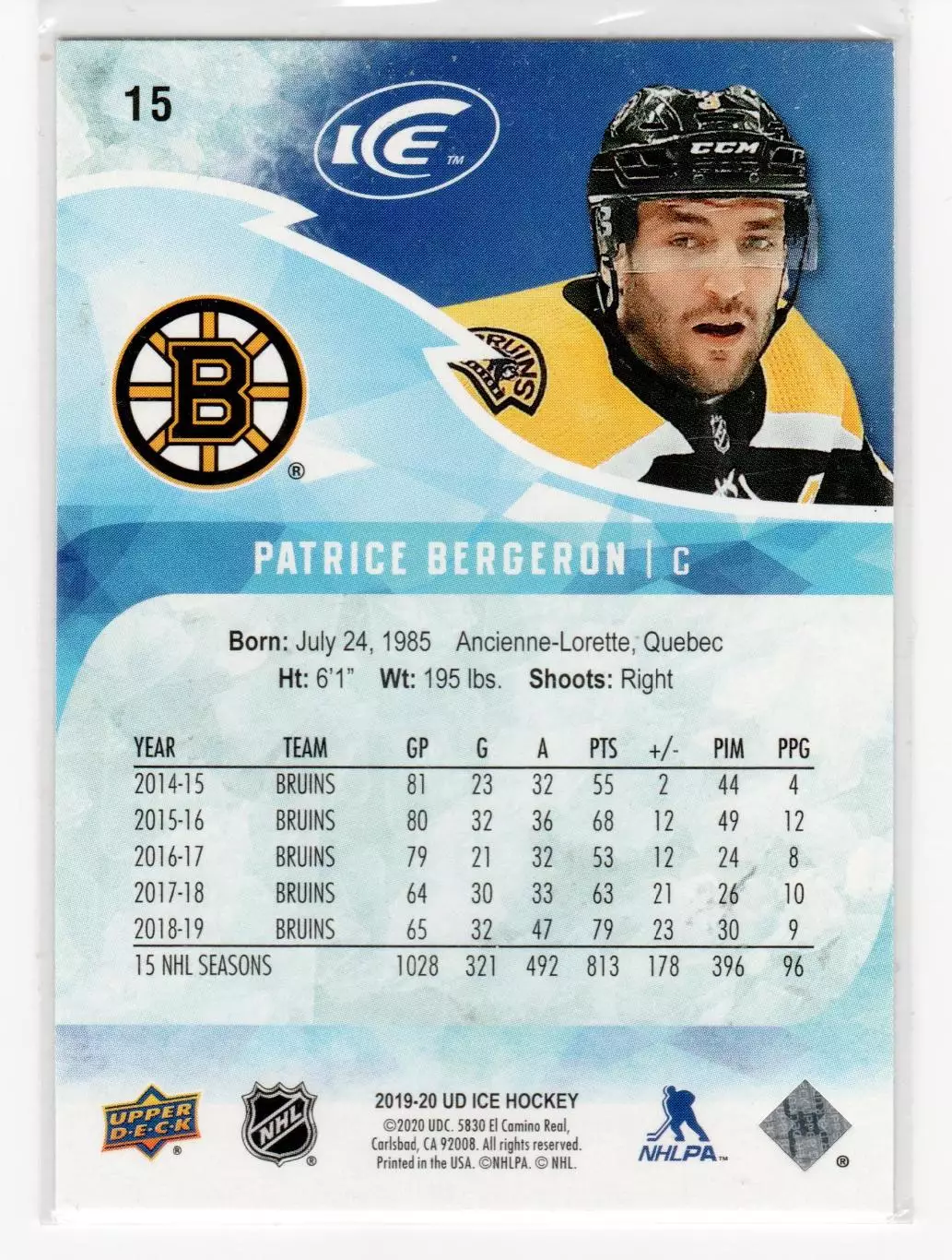 2019-20 Upper Deck Ice Green #15 Patrice Bergeron 1