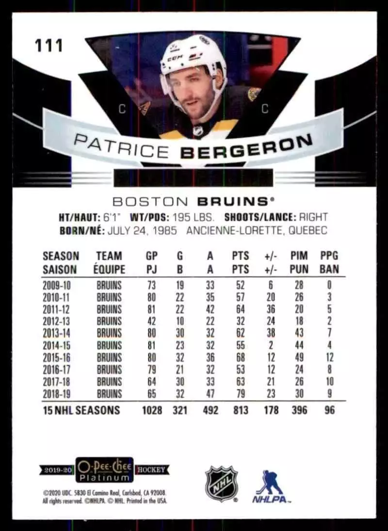 2019-20 O-Pee-Chee Platinum #111 Patrice Bergeron 1