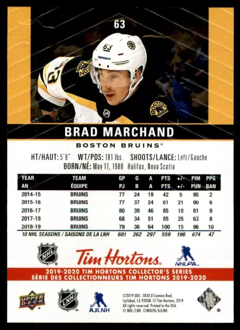 2019-20 Upper Deck Tim Hortons #63 Brad Marchand 1