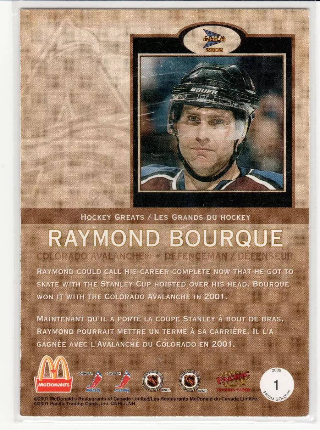 2001-02 McDonald's Pacific Hockey Greats #1 Ray Bourque 1