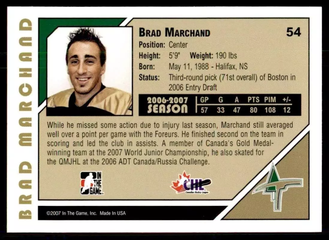 2007-08 ITG Heroes and Prospects #54 Brad Marchand 1