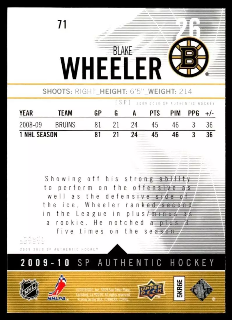 2009-10 SP Authentic #71 Blake Wheeler 1