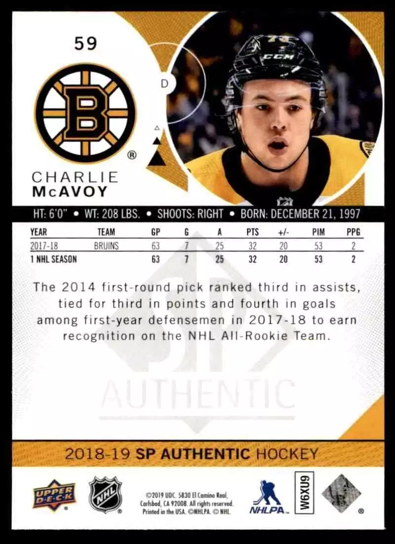 2018-19 SP Authentic #59 Charlie McAvoy 1