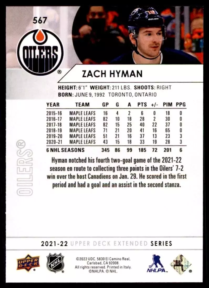 2021-22 Upper Deck #567 Zach Hyman 1