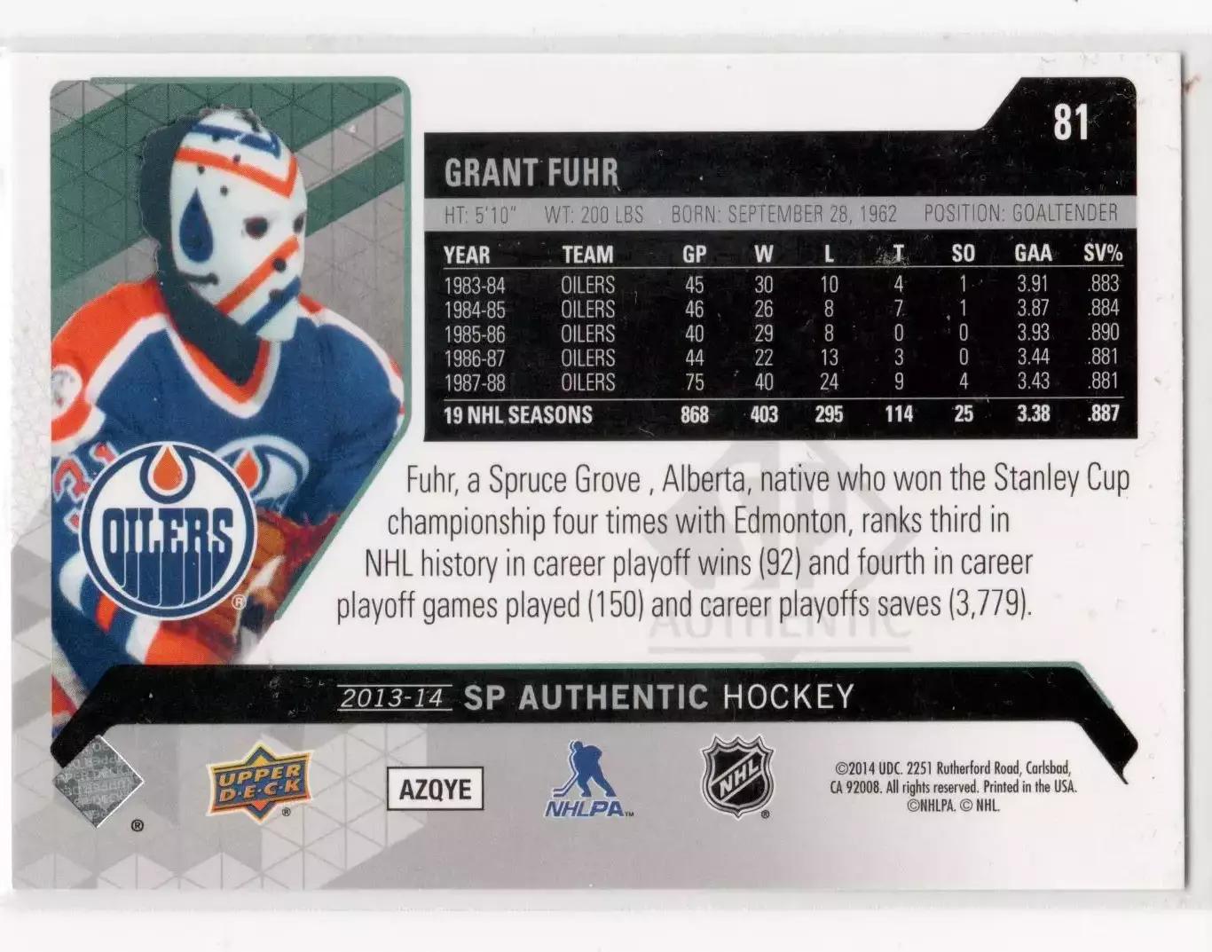 2013-14 SP Authentic #81 Grant Fuhr 1