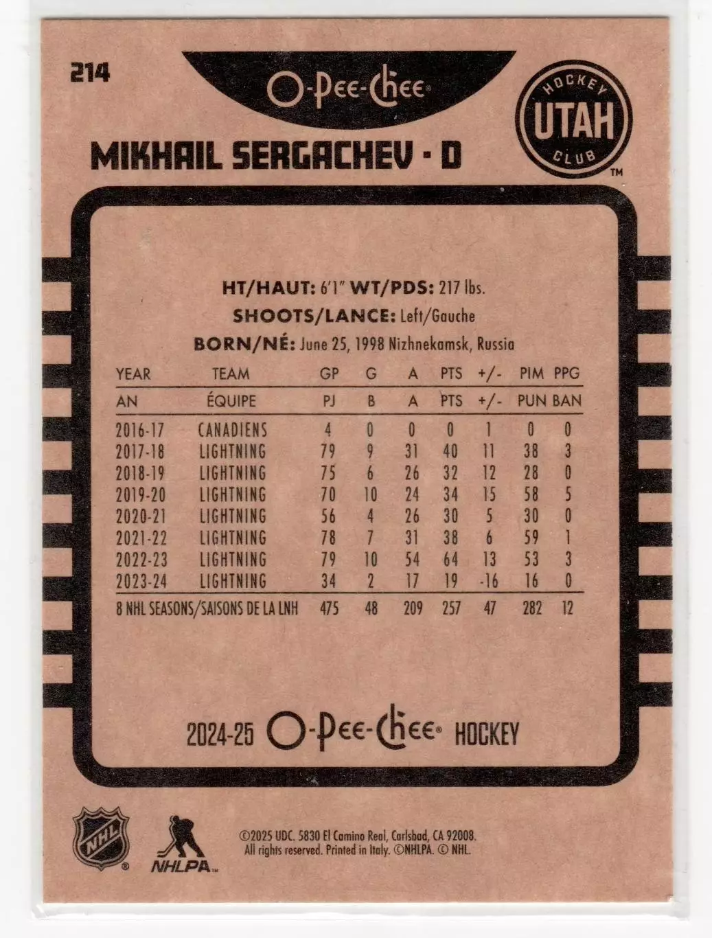 2024-25 O-Pee-Chee Retro #214 Mikhail Sergachev 1