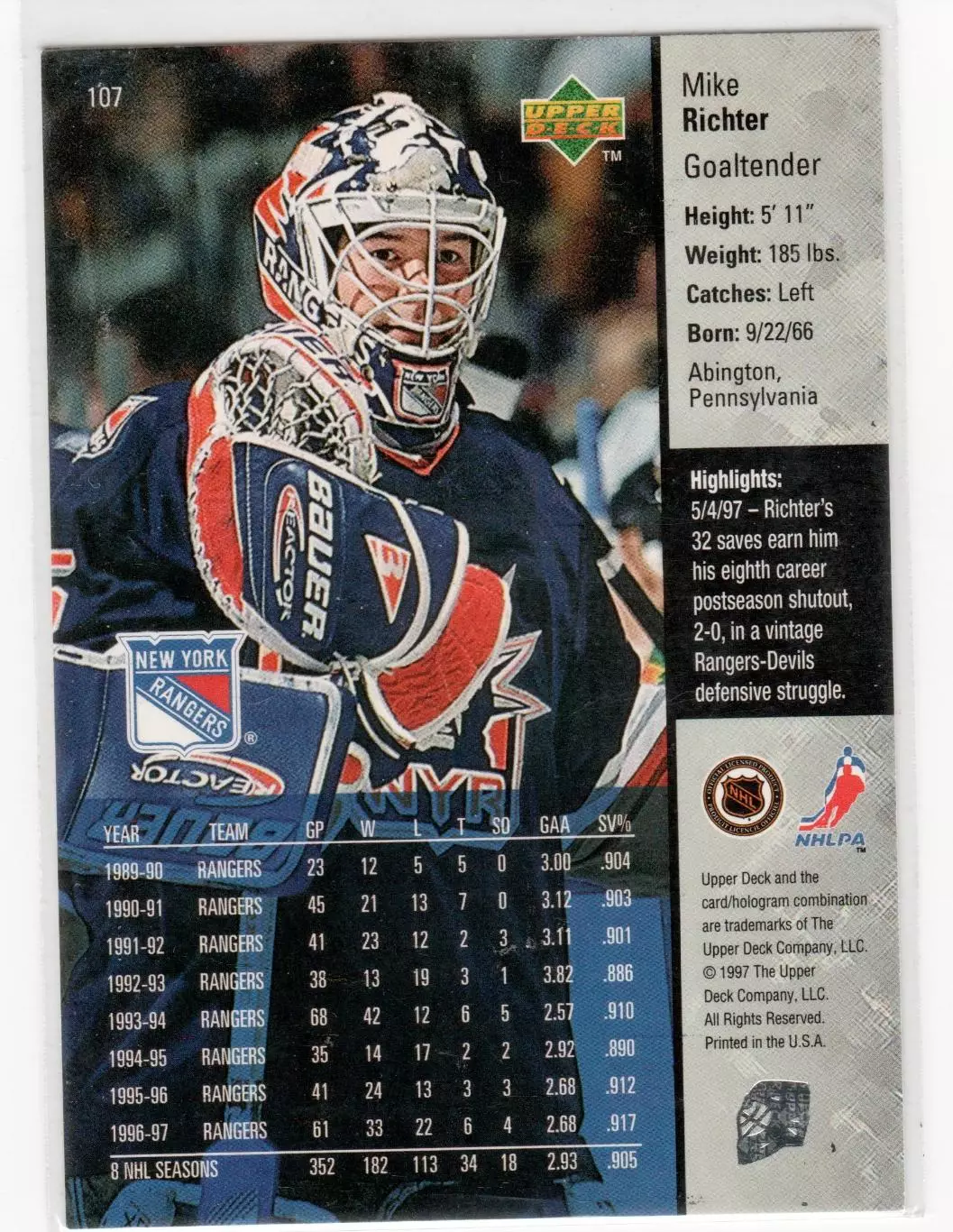1997-98 Upper Deck #107 Mike Richter 1