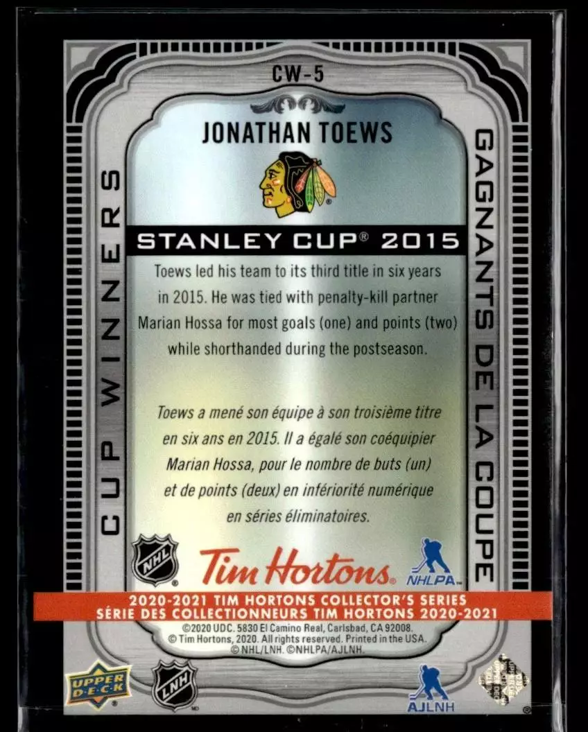 2020-21 Upper Deck Tim Hortons Cup Winners #CW5 Jonathan Toews 1