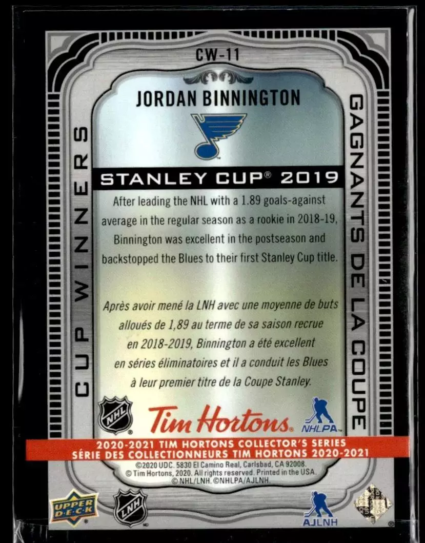 2020-21 Upper Deck Tim Hortons Cup Winners #CW11 Jordan Binnington 1