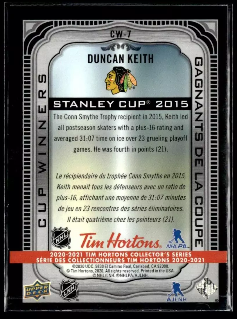 2020-21 Upper Deck Tim Hortons Cup Winners #CW7 Duncan Keith 1