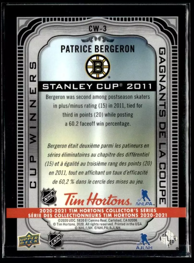 2020-21 Upper Deck Tim Hortons Cup Winners #CW3 Patrice Bergeron 1