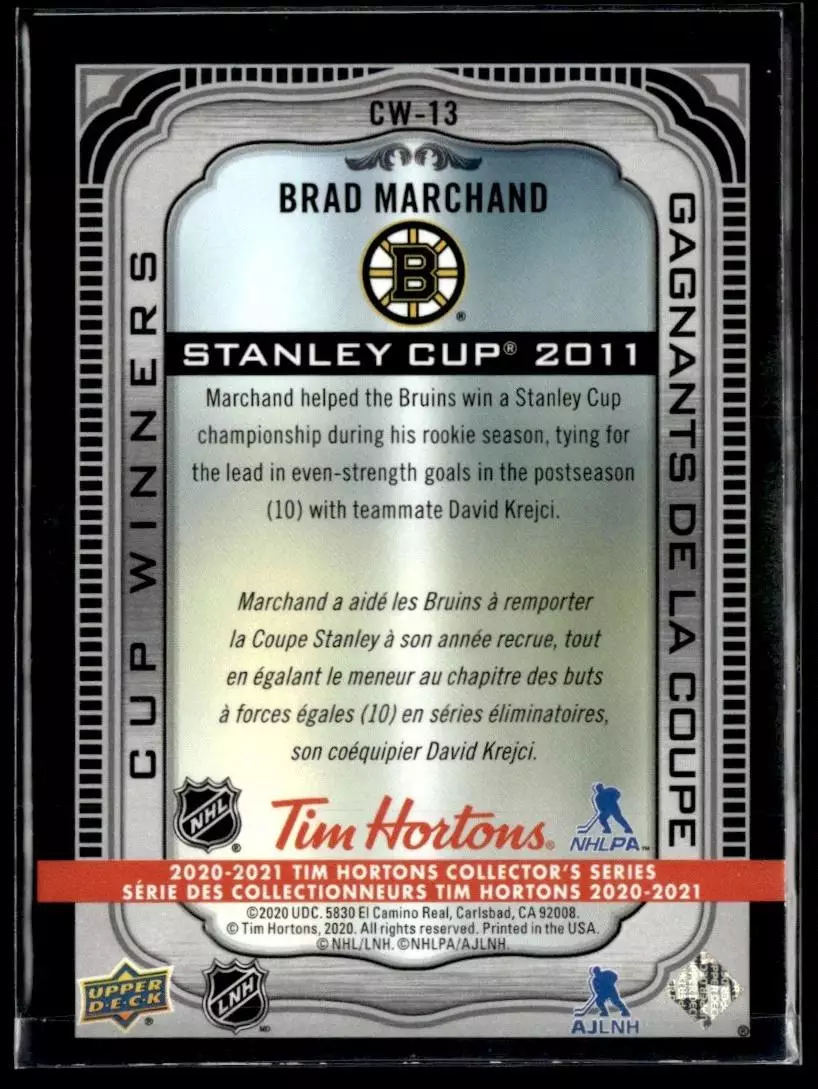 2020-21 Upper Deck Tim Hortons Cup Winners #CW13 Brad Marchand 1