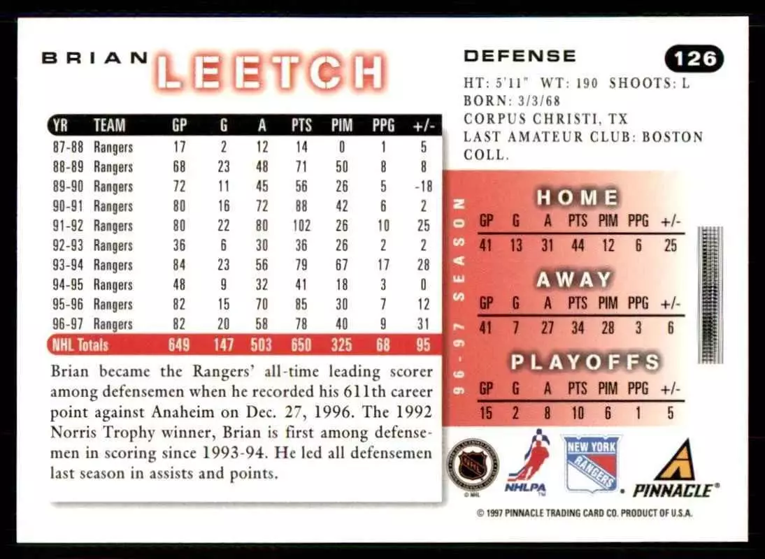 1997-98 Score #126 Brian Leetch 1