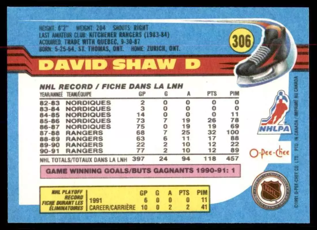 1991-92 O-Pee-Chee #306 David Shaw 1