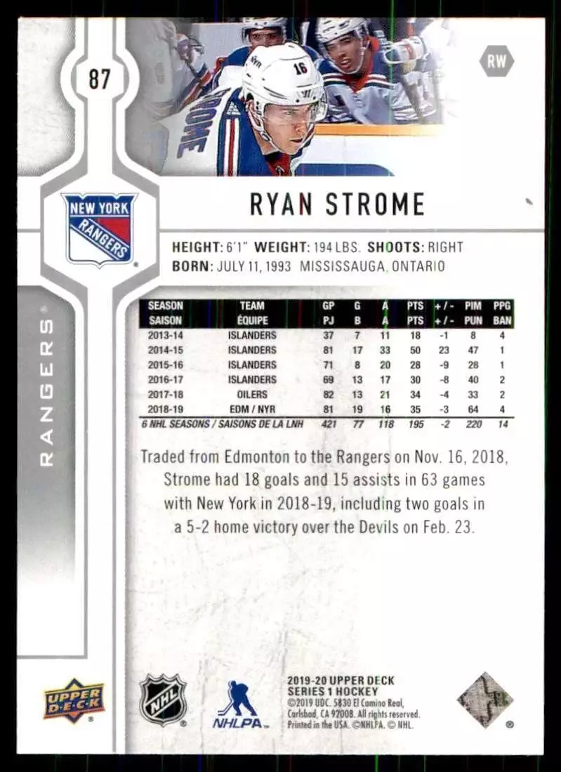 2019-20 Upper Deck #87 Ryan Strome 1