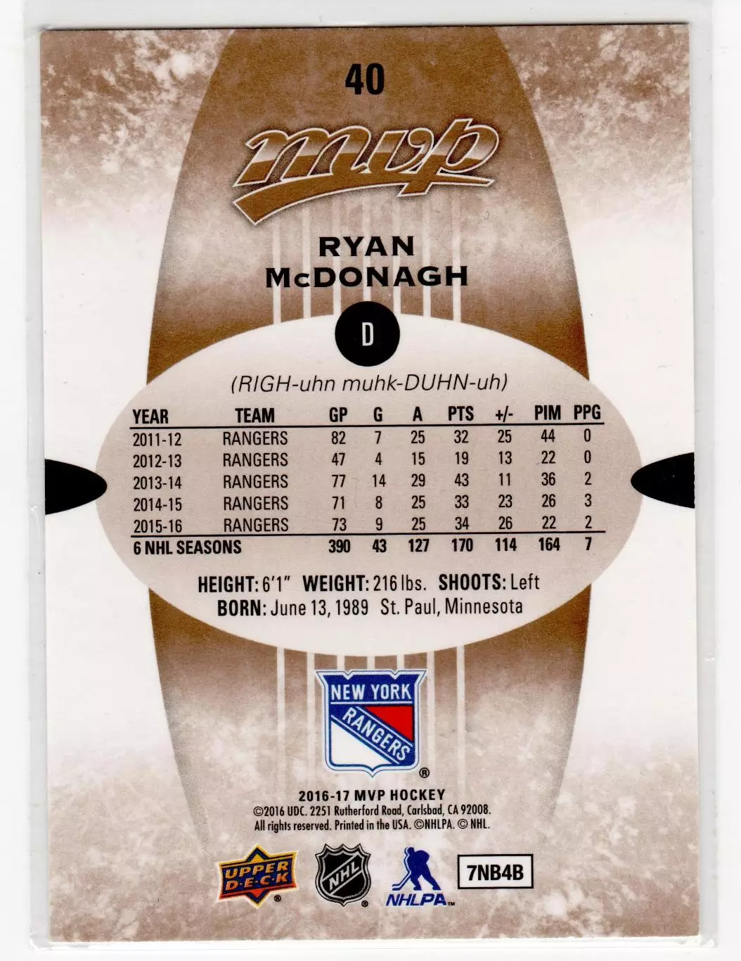 2016-17 Upper Deck MVP #40 Ryan McDonagh 1