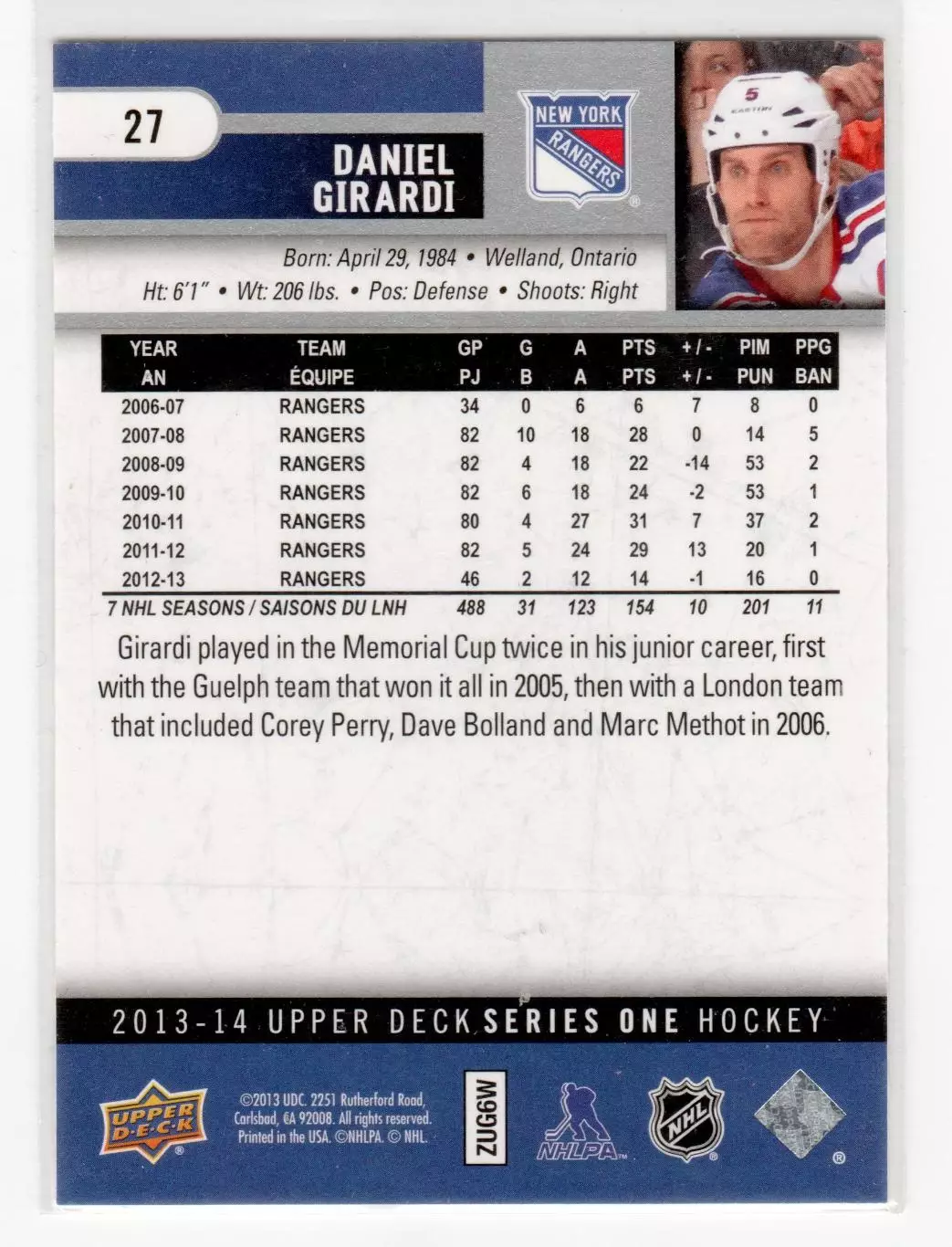 2013-14 Upper Deck #27 Daniel Girardi 1
