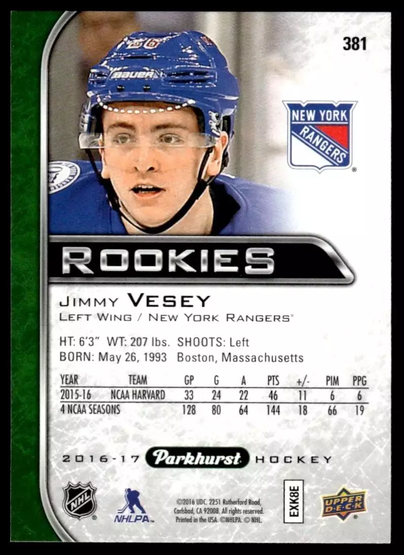 2016-17 Parkhurst #381 Jimmy Vesey RC 1