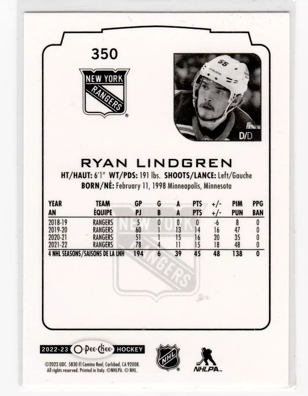 2022-23 O-Pee-Chee #350 Ryan Lindgren 1