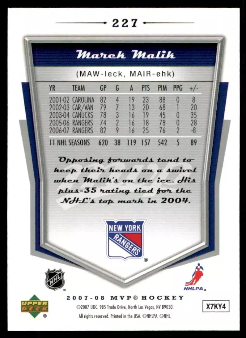 2007-08 Upper Deck MVP #227 Marek Malik 1