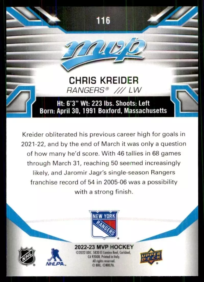 2022-23 Upper Deck MVP #116 Chris Kreider 1