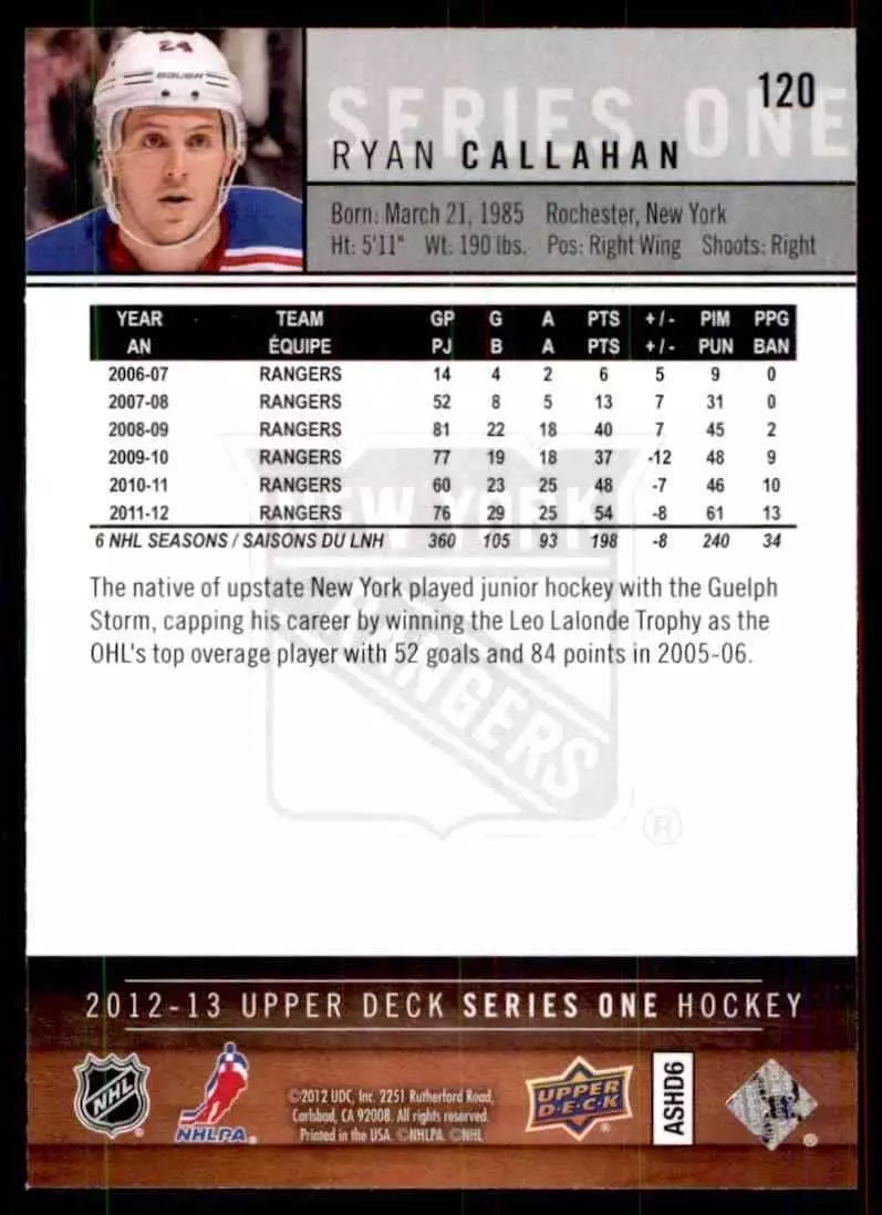2012-13 Upper Deck #120 Ryan Callahan 1
