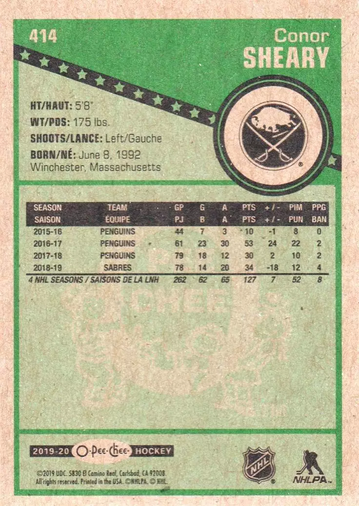 2019-20 O-Pee-Chee Retro #414 Conor Sheary 1