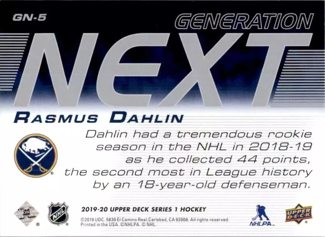 2019-20 Upper Deck Generation Next #GN5 Rasmus Dahlin 1
