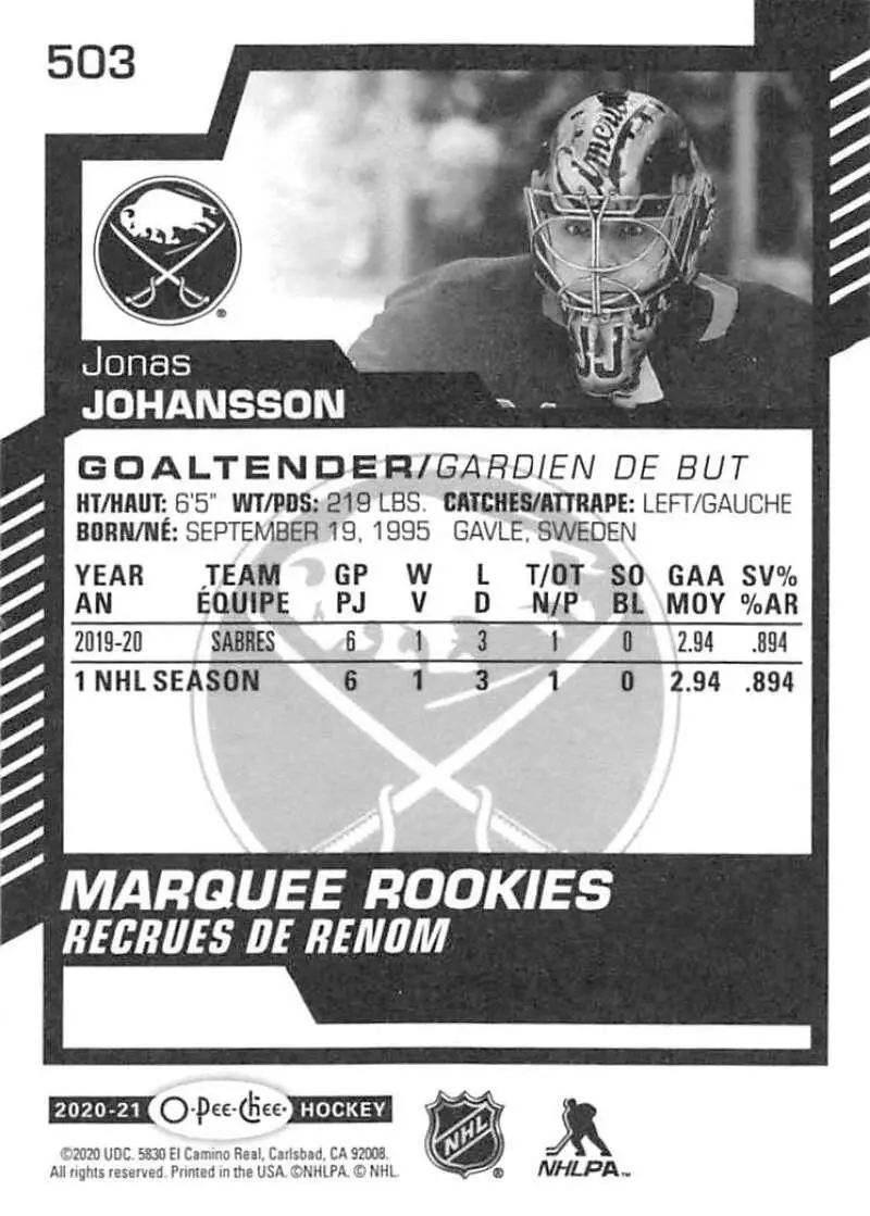 2020-21 O-Pee-Chee #503 Jonas Johansson RC 1