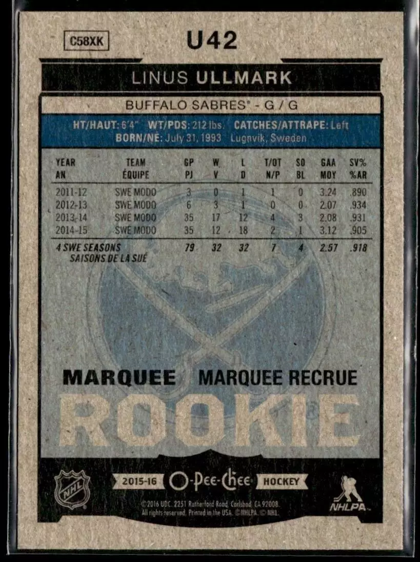 2015-16 O-Pee-Chee Update #U42 Linus Ullmark 1