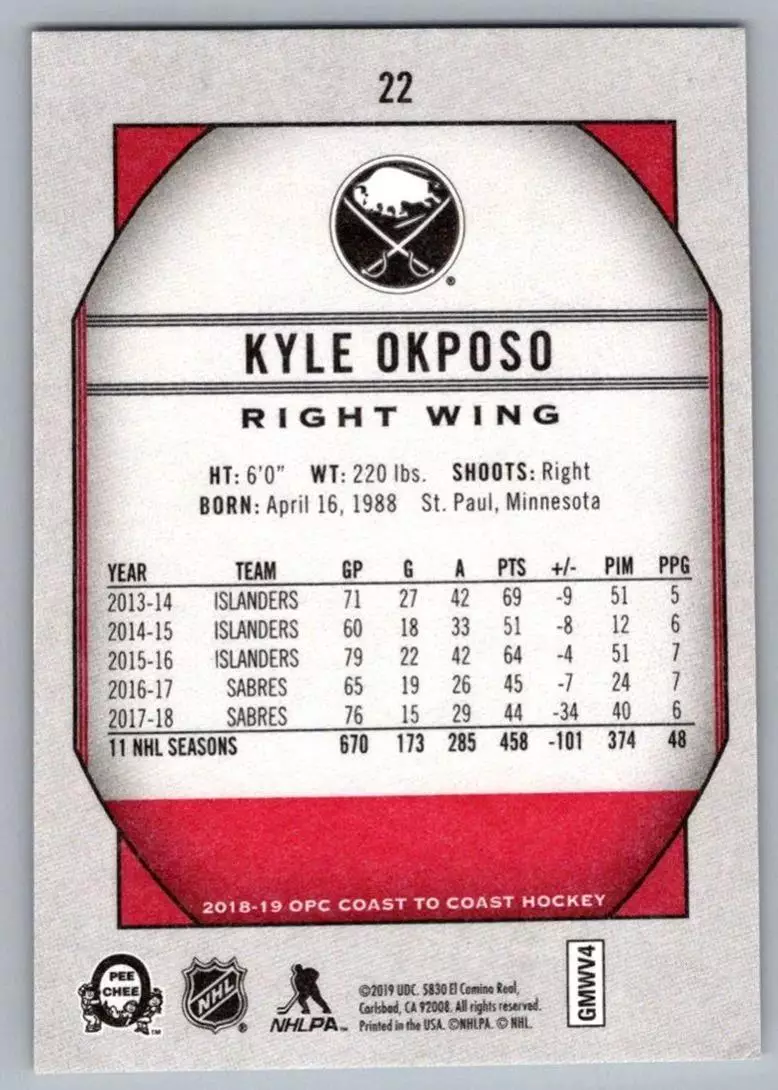 2018-19 O-Pee-Chee Coast to Coast #22 Kyle Okposo 1