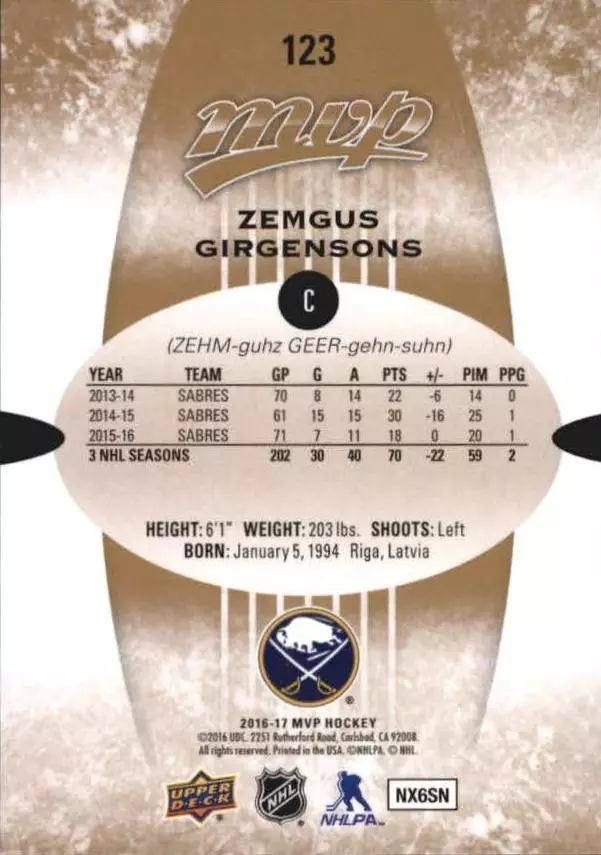 2016-17 Upper Deck MVP #123 Zemgus Girgensons 1