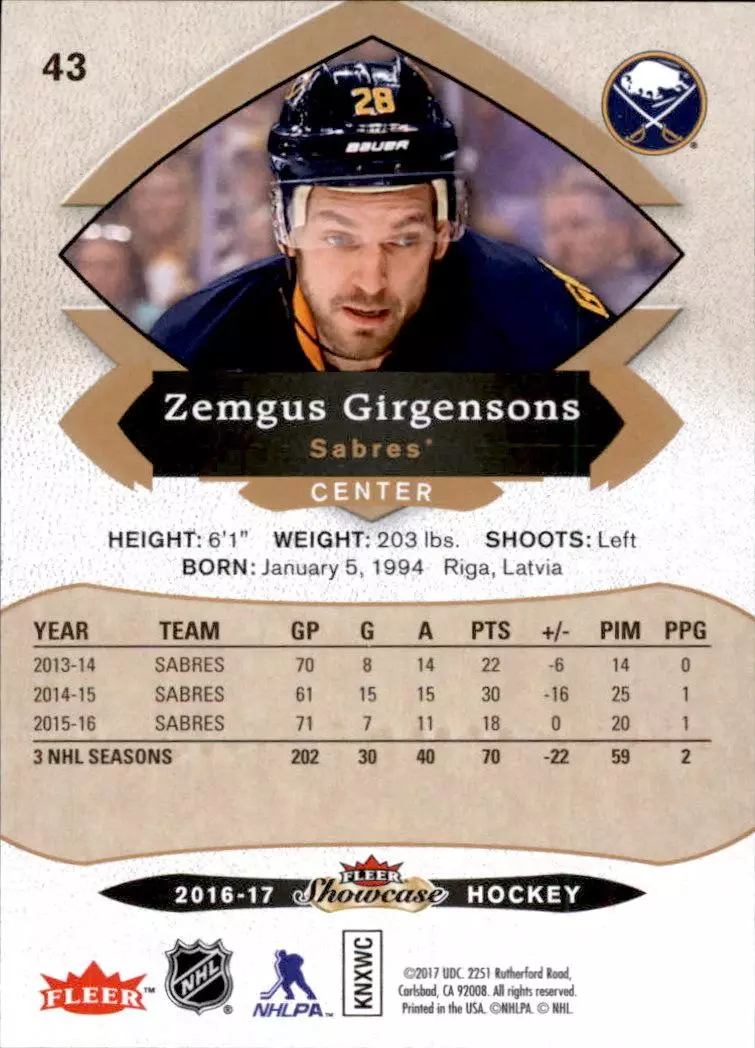 2016-17 Fleer Showcase #43 Zemgus Girgensons 1