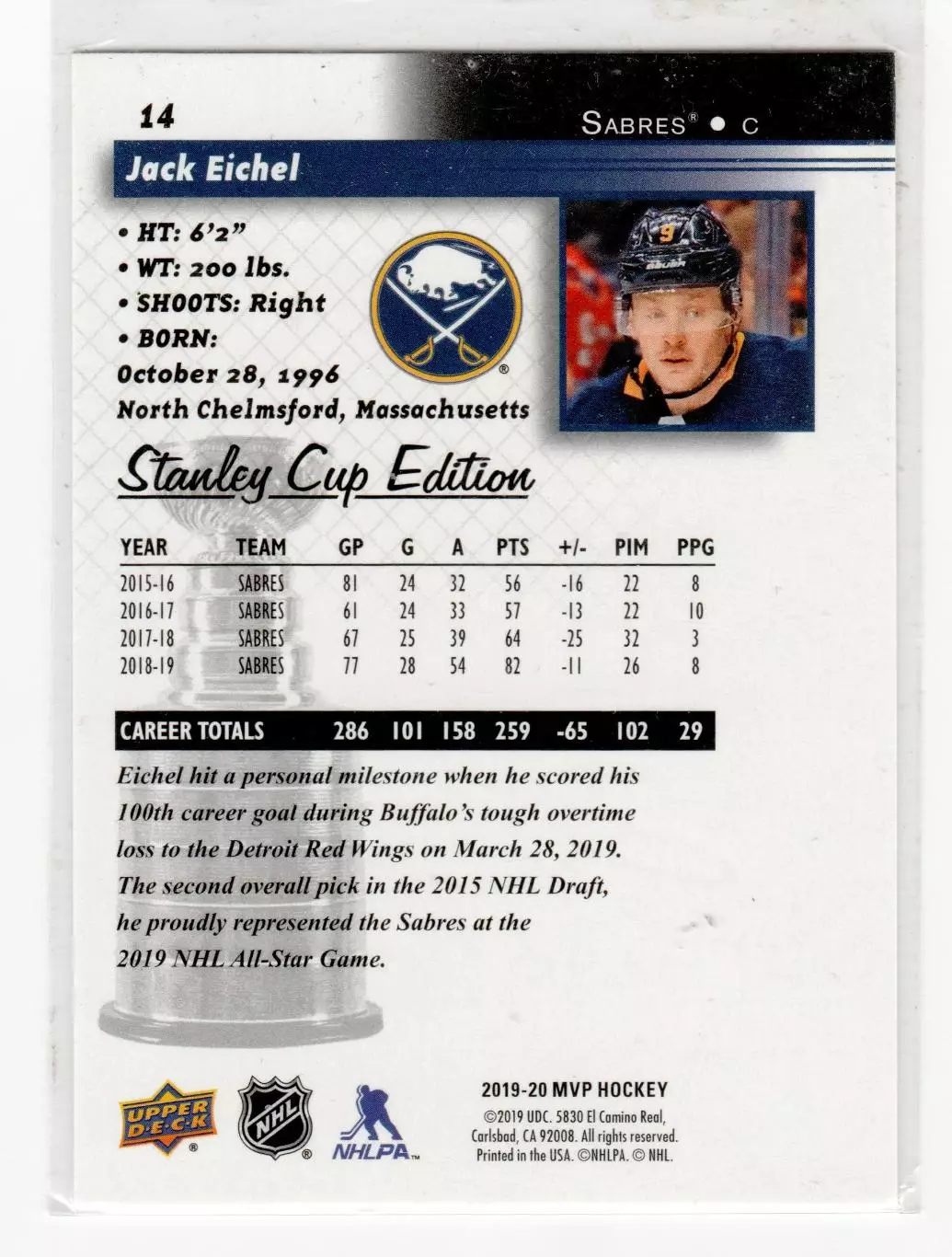2019-20 Upper Deck MVP Stanley Cup 20th AnniversarySilver Script #14 Jack Eichel 1
