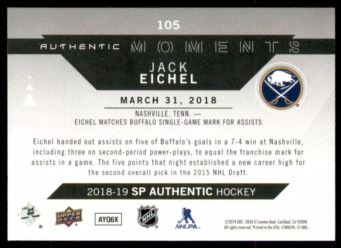 2018-19 SP Authentic #105 Jack Eichel AM 1