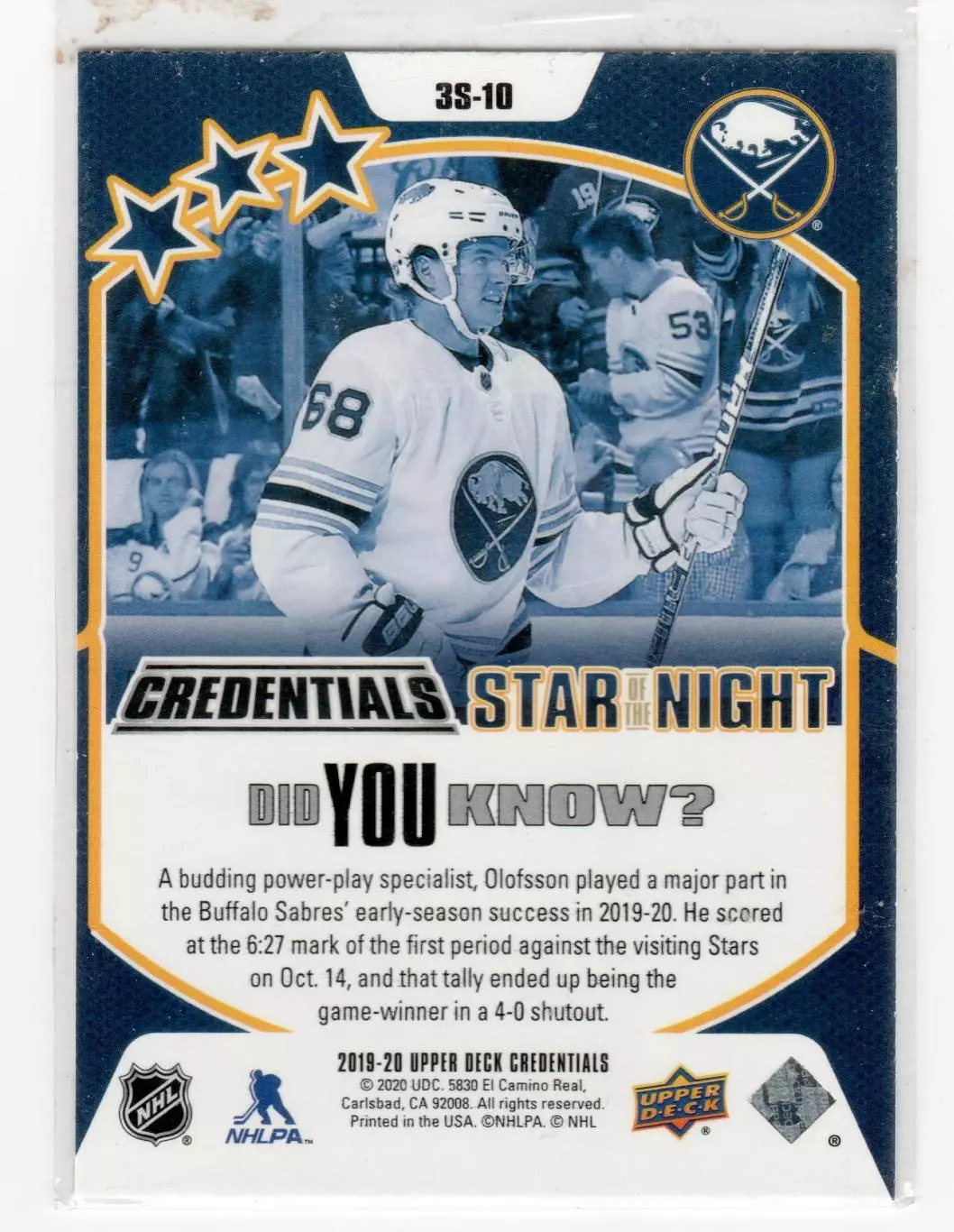 2019-20 Upper Deck Credentials 3rd Star of the Night #3S10 Victor Olofsson 1