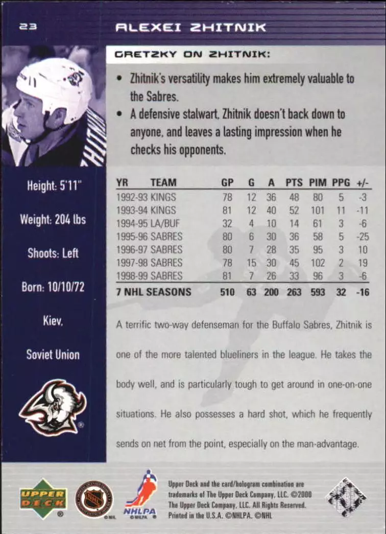 1999-00 Wayne Gretzky Hockey #23 Alexei Zhitnik 1