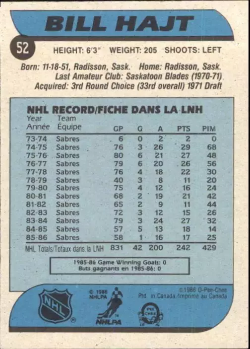 1986-87 O-Pee-Chee #52 Bill Hajt 1