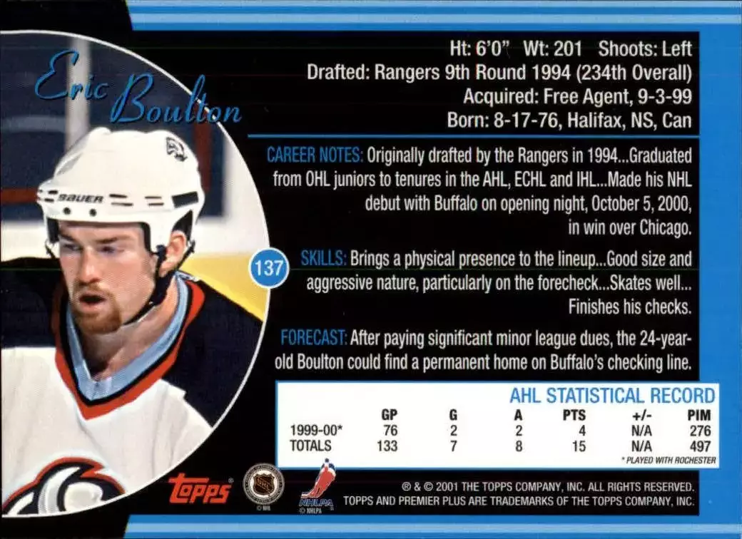 2000-01 Topps Premier Plus #137 Eric Boulton RC 1