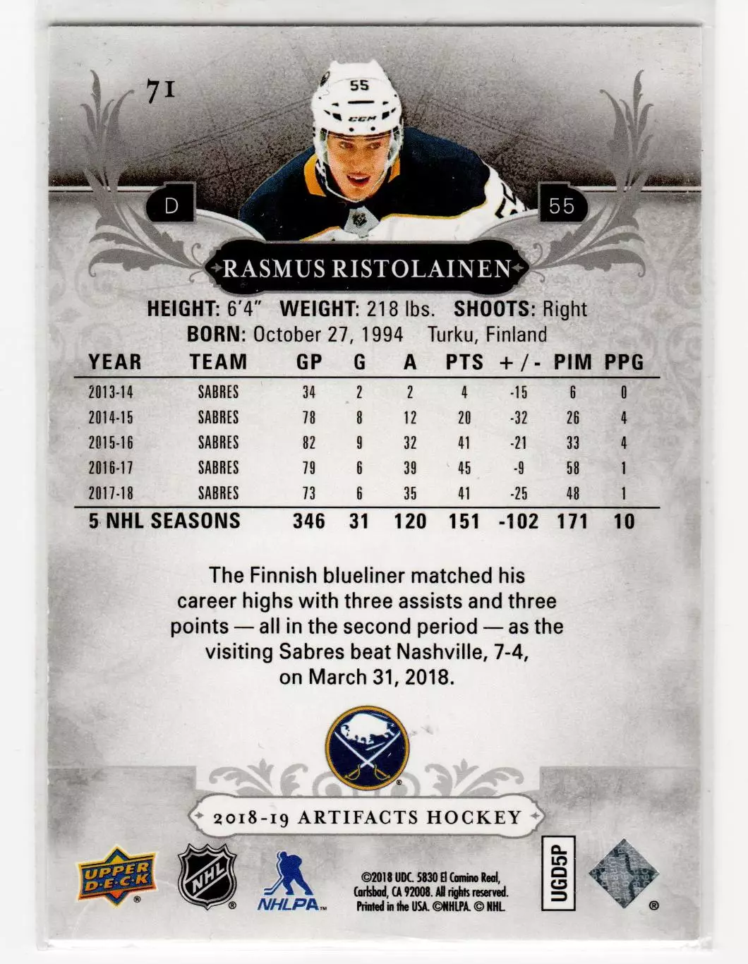 2018-19 Artifacts Ruby #71 Rasmus Ristolainen 137\299 1
