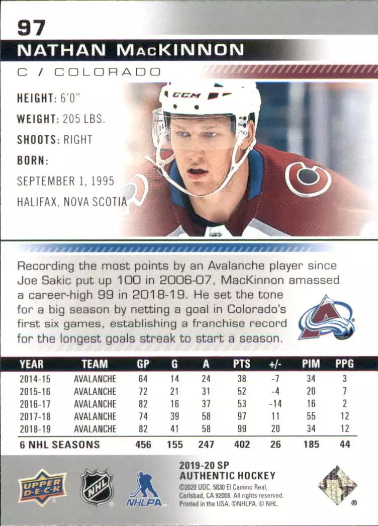 2019-20 SP Authentic #97 Nathan MacKinnon 1