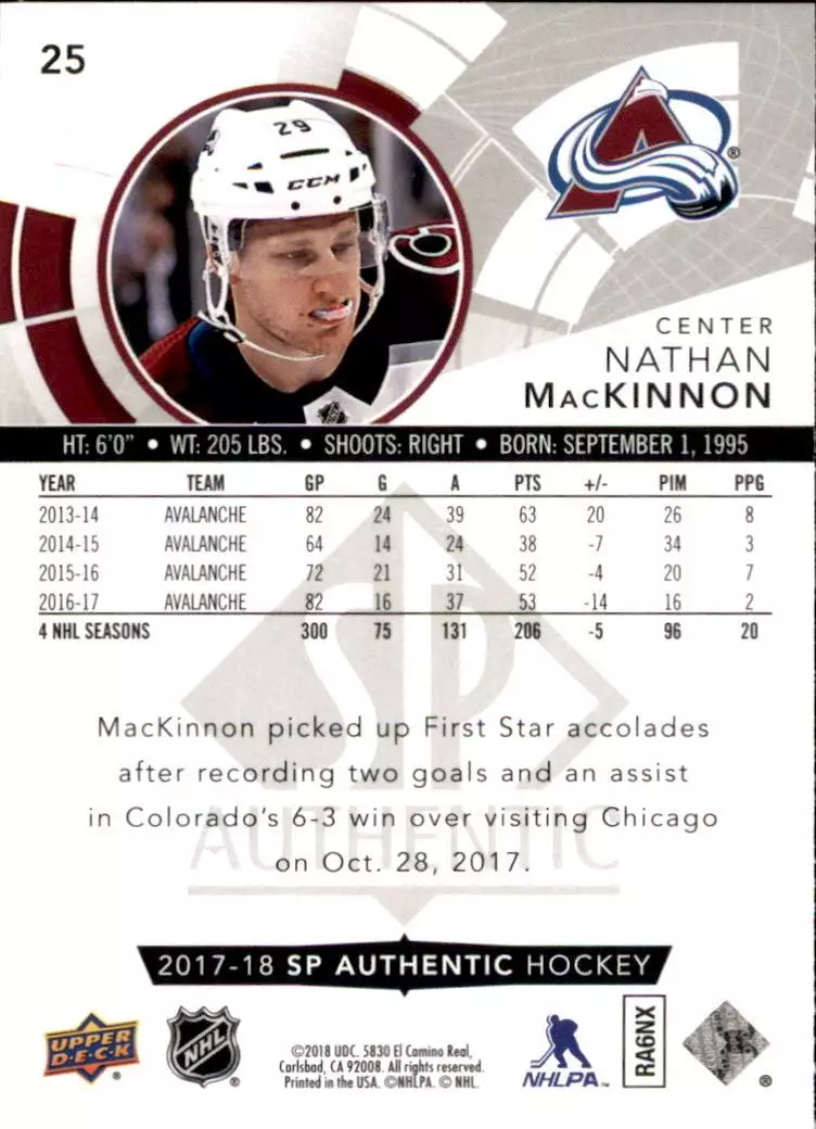 2017-18 SP Authentic #25 Nathan MacKinnon 1