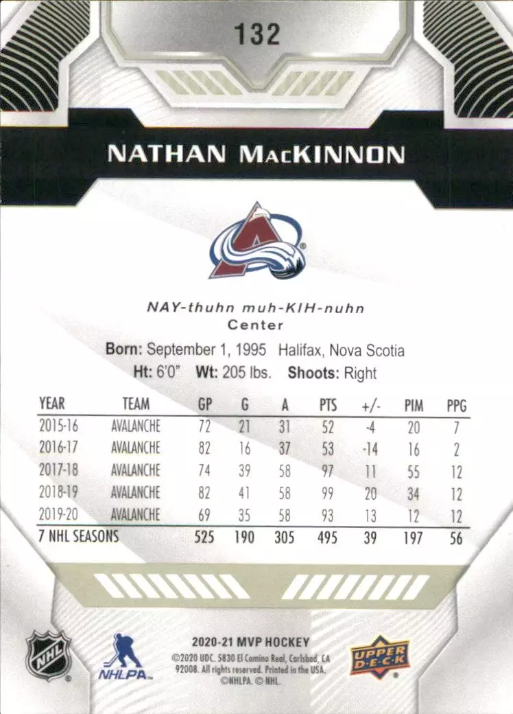2020-21 Upper Deck MVP #132 Nathan MacKinnon 1