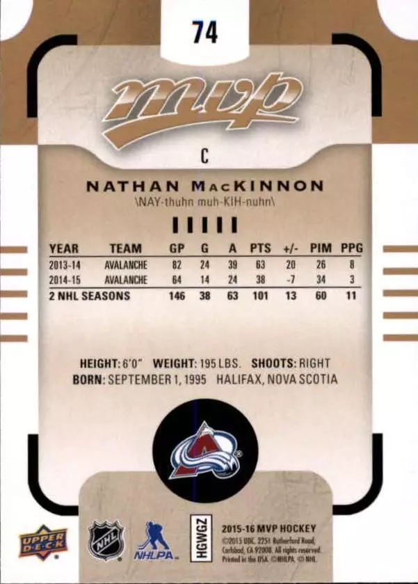 2015-16 Upper Deck MVP #74 Nathan MacKinnon 1