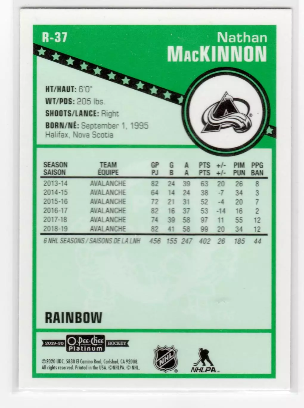 2019-20 O-Pee-Chee Platinum Retro Rainbow #R37 Nathan MacKinnon 1